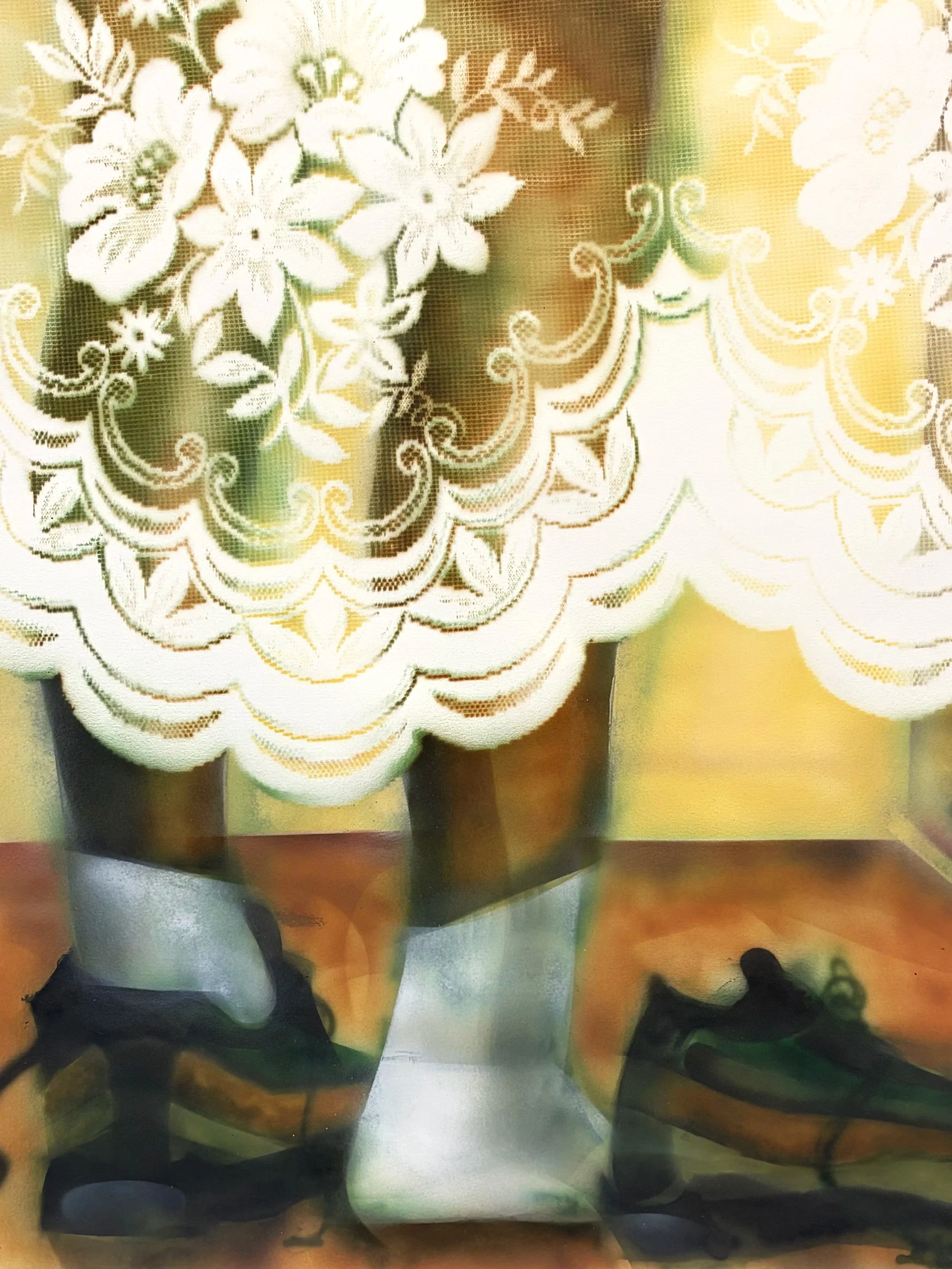 'Trying on shoes' - acrylic and lace on paper, 59.4 x 84.1 cm