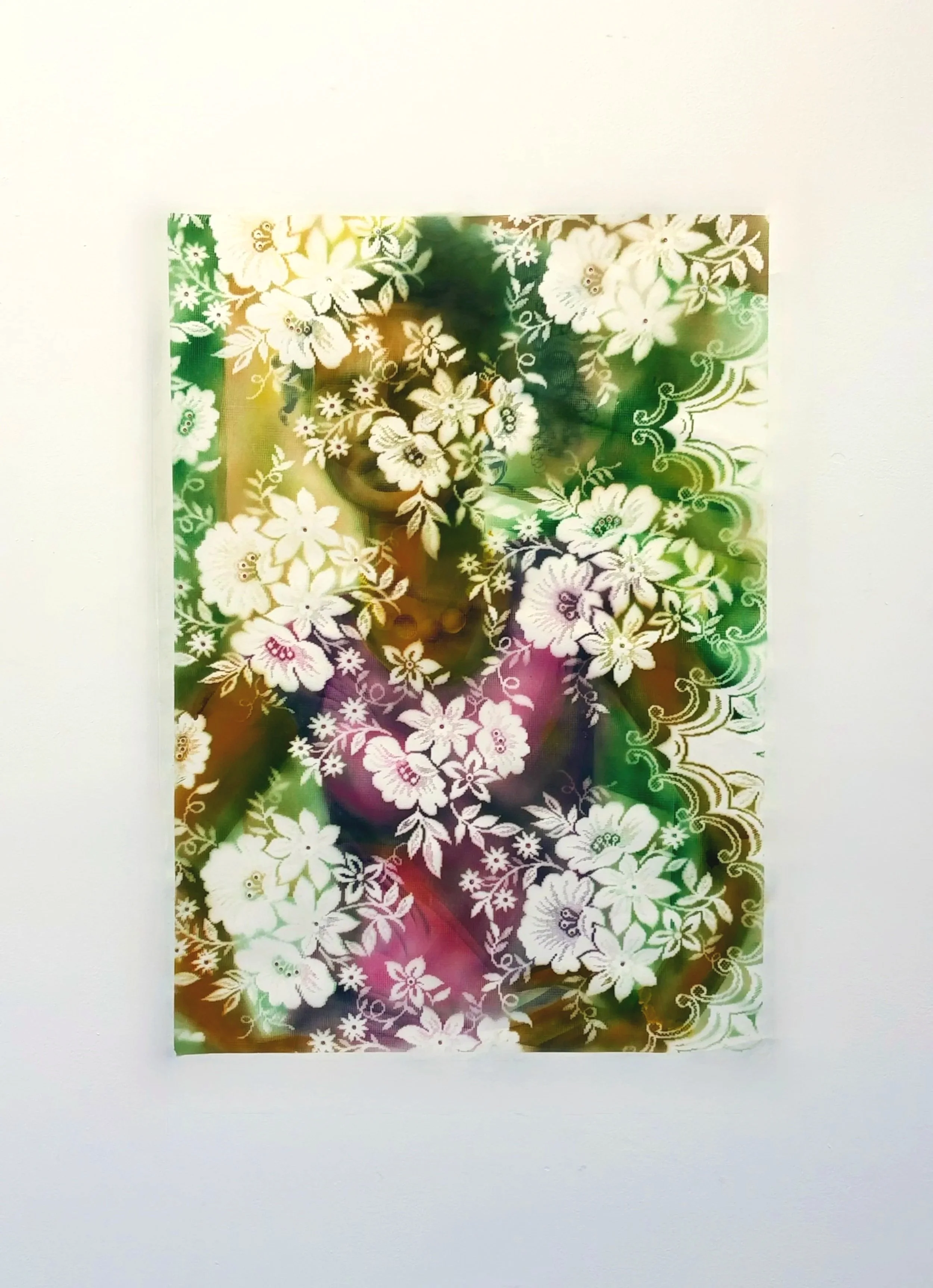 'Sweat pea' -  acrylic, rhinestones and lace on paper, 59.4 x 84.1 cm
