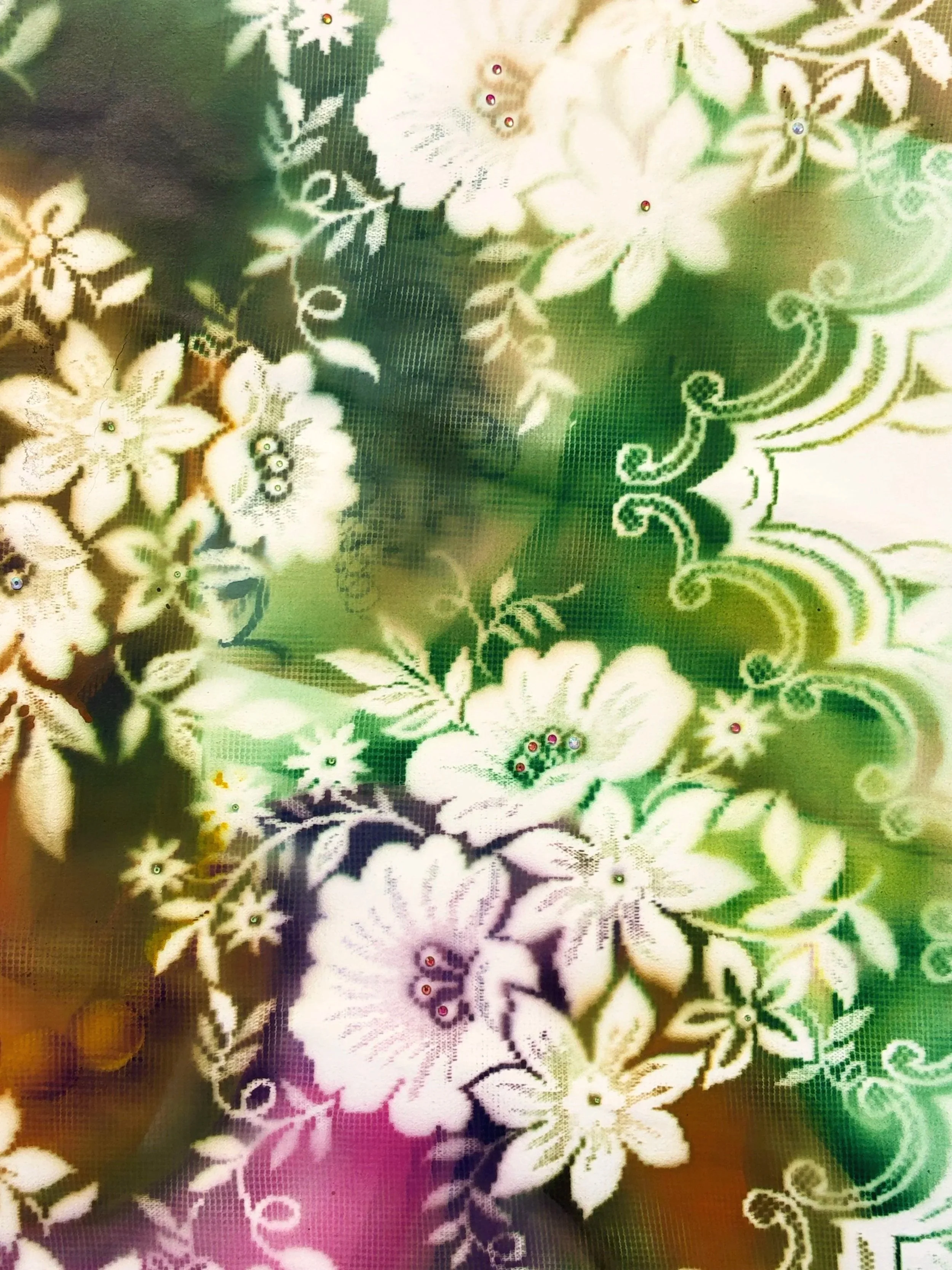 'Sweat pea' -  acrylic, rhinestones and lace on paper, 59.4 x 84.1 cm