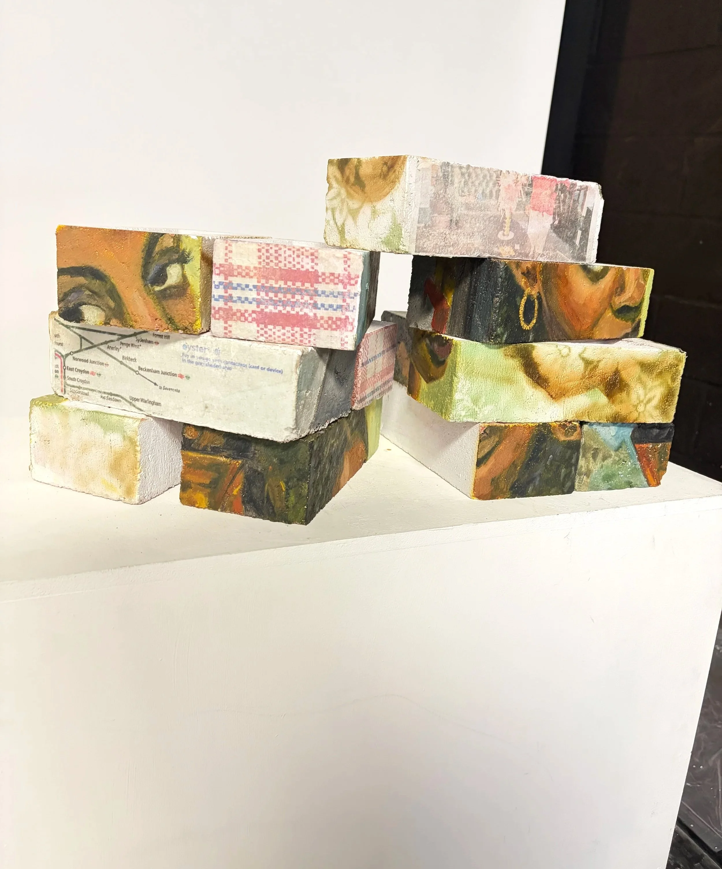 'if walls could talk' - Oil paint, acrylic, and image transfer on bricks