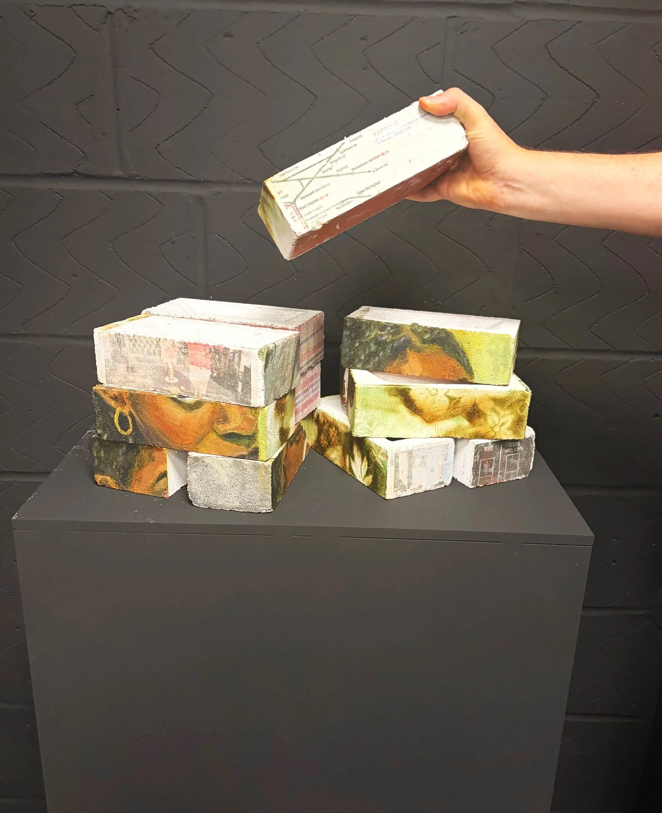 'if walls could talk' - Oil paint, acrylic, and image transfer on bricks