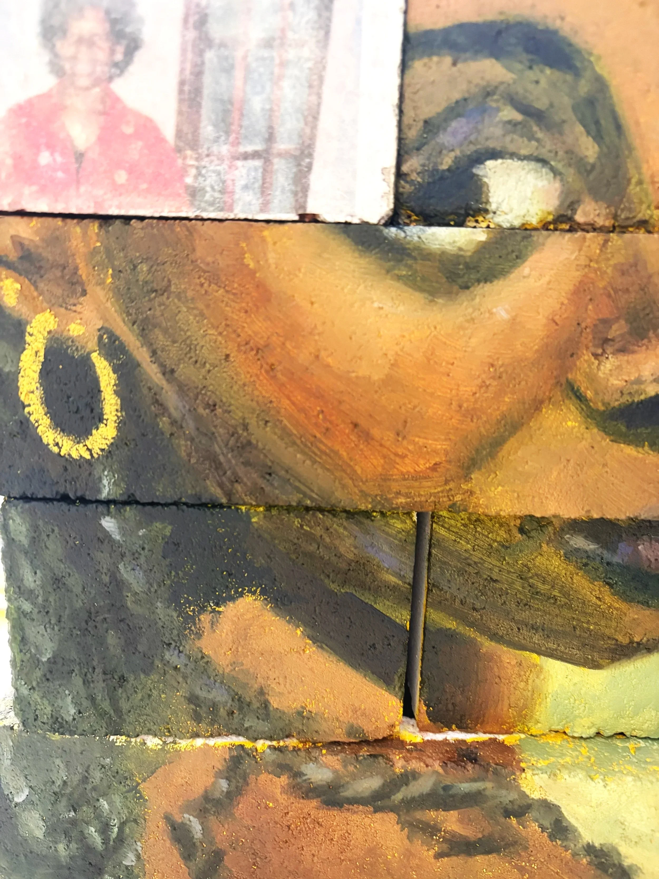 'if walls could talk' - Oil paint, acrylic, and image transfer on bricks