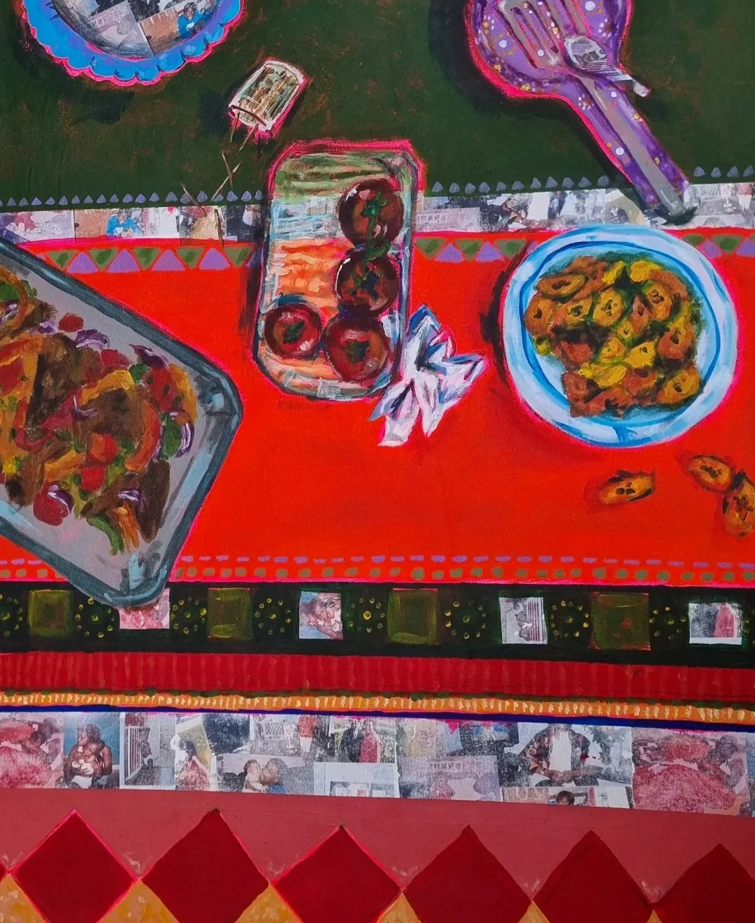 'A Seat At The Table' showing at Copeland Gallery during Peckham Festival, 2024

oil paint and acrylic image transfer on linen, displayed on lace tablecloth with found chairs.