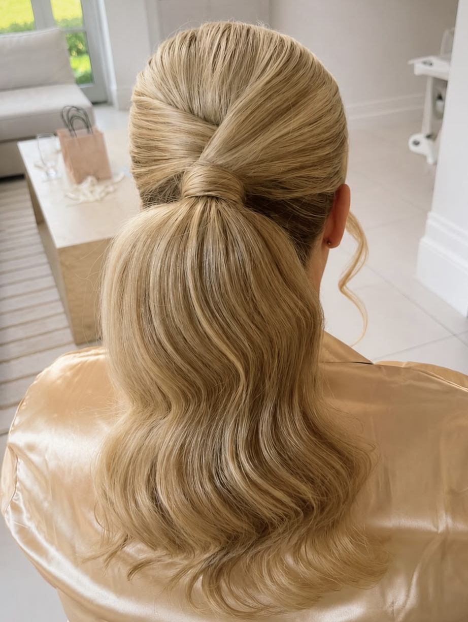 Back of woman's head with styled blonde, wavy hair in a half-up, half-down hairstyle.
