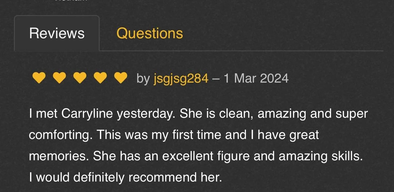 Screenshot of a review section from a website, showing a five-heart rating, a user named jsgjsg284, and the review date of March 2024. The review talks about meeting someone named Carryline, describing her as clean, amazing, and super comforting, wit