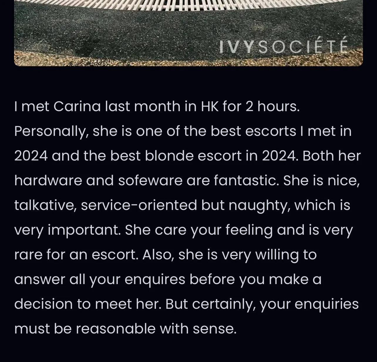 Text describing a personal experience with an escort named Carina, including her appearance, personality, and service qualities.