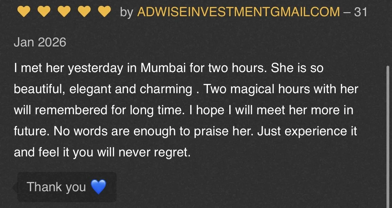 Screenshot of a heartfelt message, mentioning meeting someone in Mumbai and describing her as beautiful, elegant, and charming. The message emphasizes the memorable experience and hopes to meet her again, ending with a thank you and a blue heart emoj
