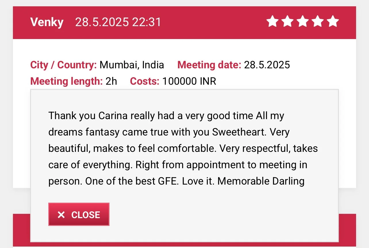 Most likely a review or testimonial displayed in a form with a red and white design, showing the name Venky, date and time, location Mumbai, India, meeting date, length, costs, star ratings, and a thank you note.