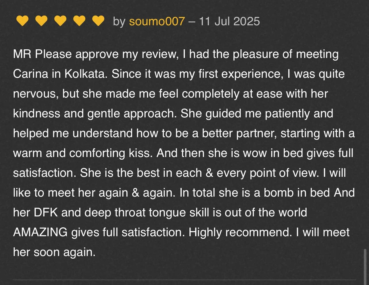 A written review expressing high satisfaction with a service, mentioning meeting Carina in Kolkata, her kindness, patience, expertise, and recommendation for others to meet her.