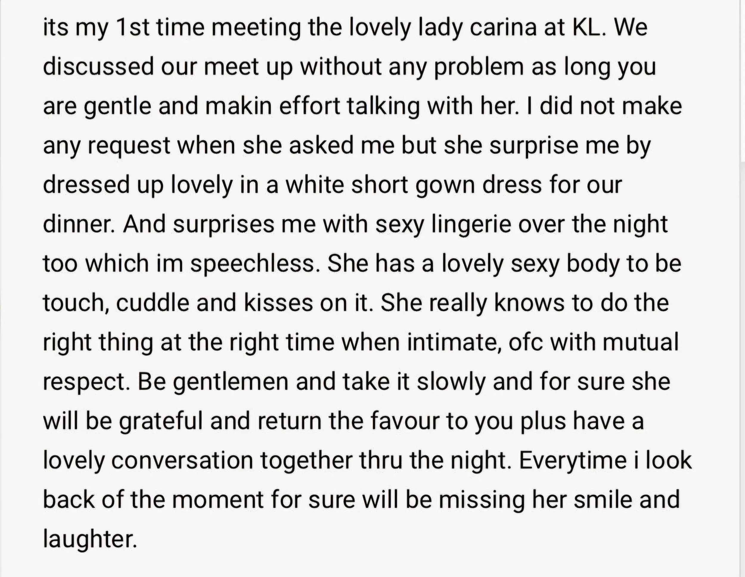 Close-up of a text document describing a first meeting with Lady Carina, mentioning her appearance, her lingerie, and their interaction.