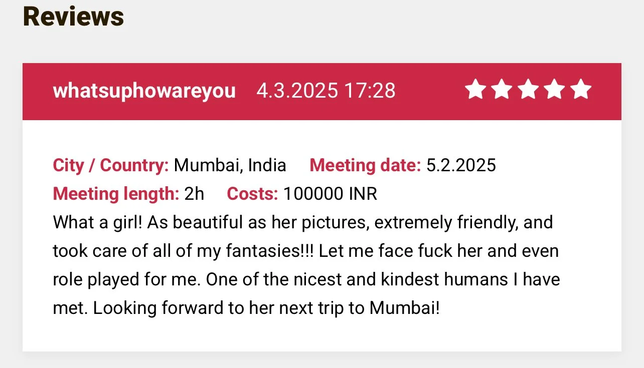 A review page showing a five-star rating for user whatsuphowareyou, dated April 3, 2025, at 17:28. The review mentions Mumbai, India as the location, a meeting date of February 5, 2025, a meeting length of 2 hours, and a cost of 10,000 INR. The revie