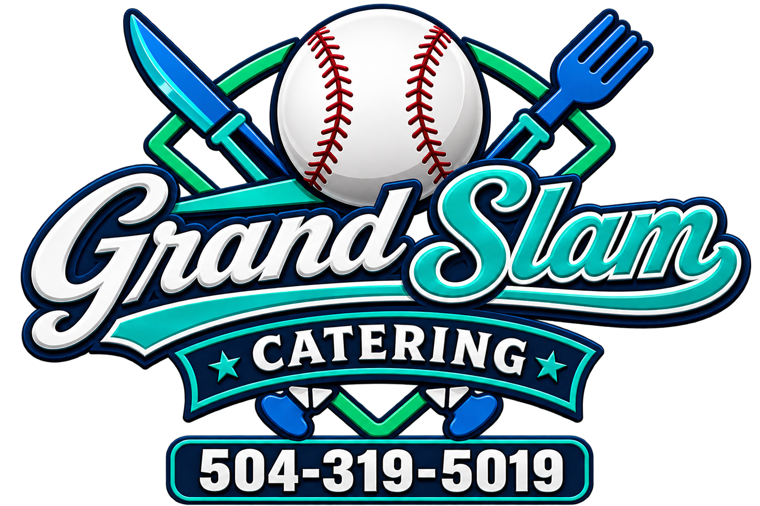 Colorful neon-style sign for Grand Slam Catering featuring a baseball, a knife, a fork, and a banner with a phone number.
