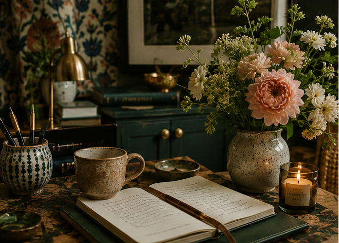 A cozy desk with a large open journal, a gold pen, a mug, a small bowl, a candle, and a vase of flowers on a patterned tablecloth in a warmly lit room.