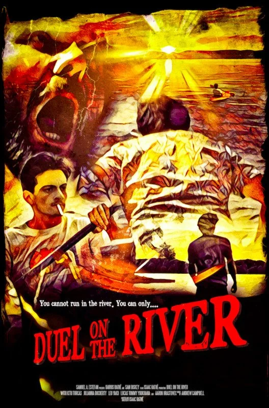 A poster for the movie 'Duel on the River' featuring a man with a cigarette, a person rowing a boat at sunset, a large screaming face, and a person with a paddle, with the tagline "You cannot run in the river. You can only...."