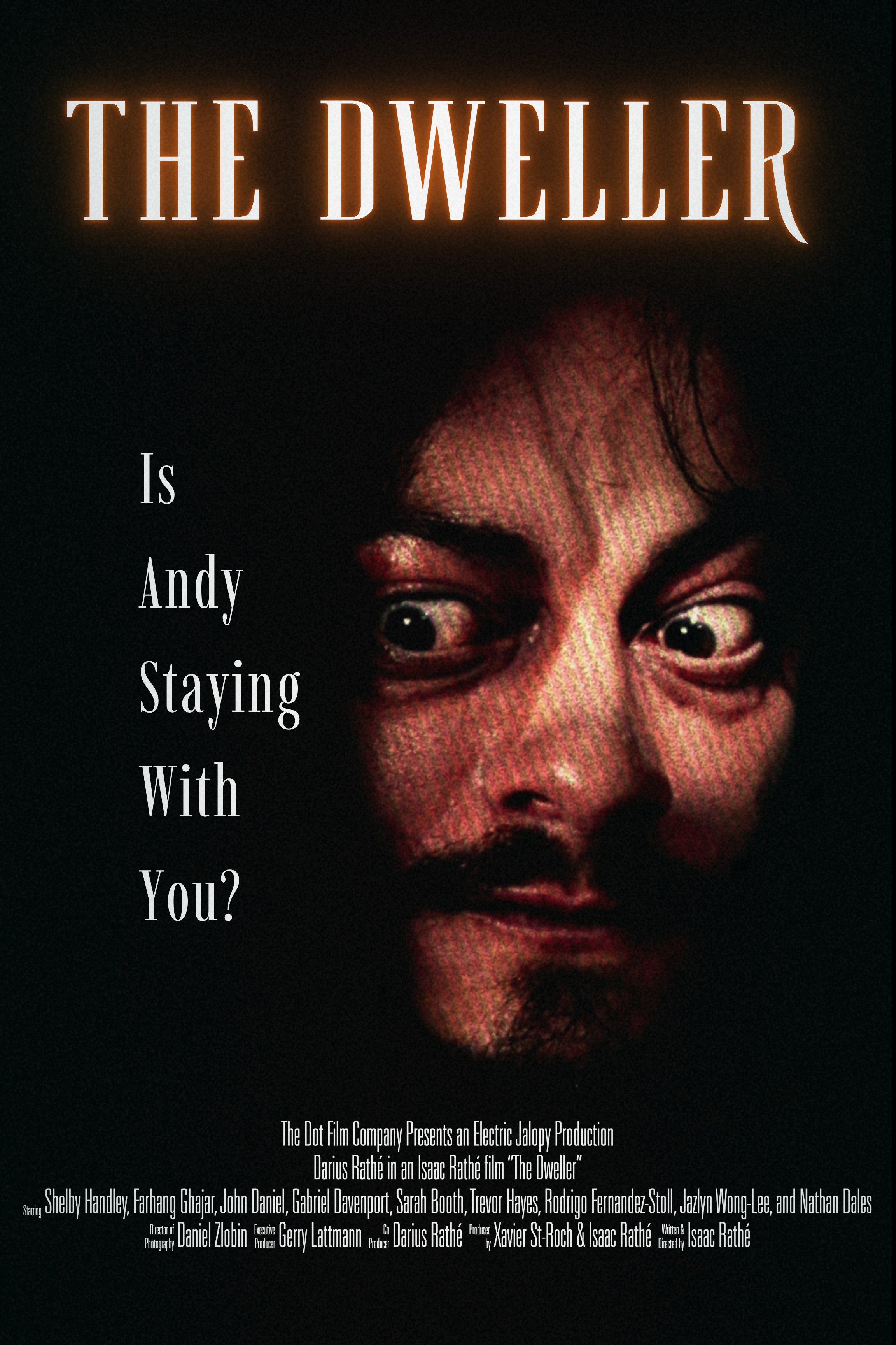 Poster for the film 'The Dweller' features a close-up of a face with intense eyes, partially obscured by shadows. The title is displayed at the top in large illuminated letters, with the tagline 'Is Andy Staying With You?' on the side. The bottom includes credits and production information.