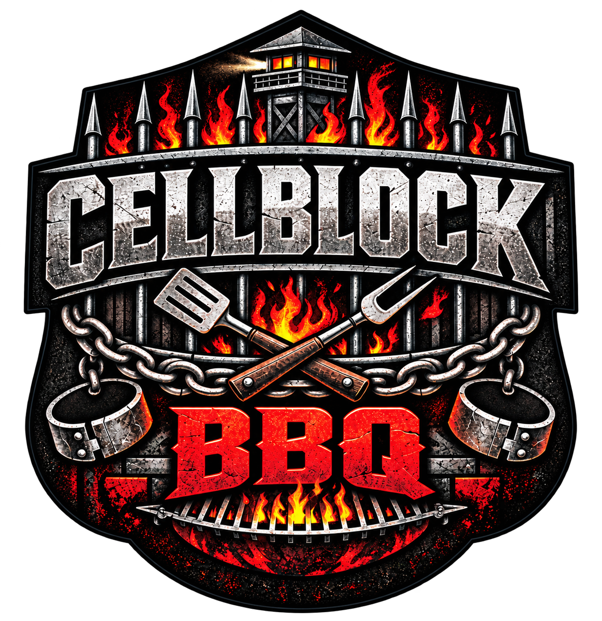 CellBlock BBQ official logo with flames, silver lettering and red BBQ lettering