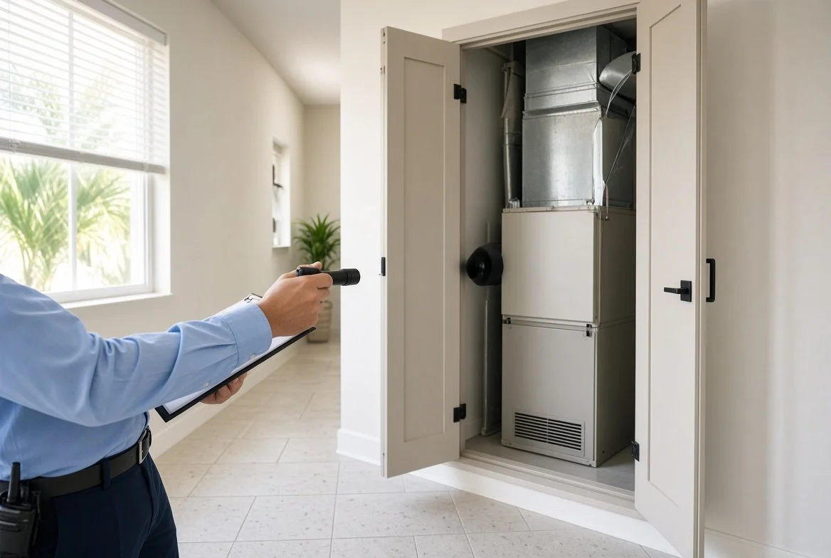 Person inspecting a closet with HVAC or furnace equipment using a clipboard and flashlight.
