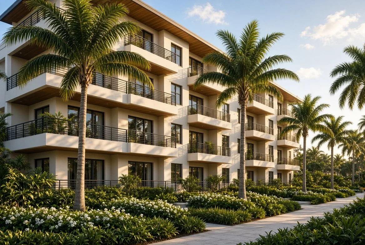 A modern multi-story apartment building with white walls and outdoor balconies, surrounded by tall palm trees and landscaped greenery, under a blue sky with some clouds.
