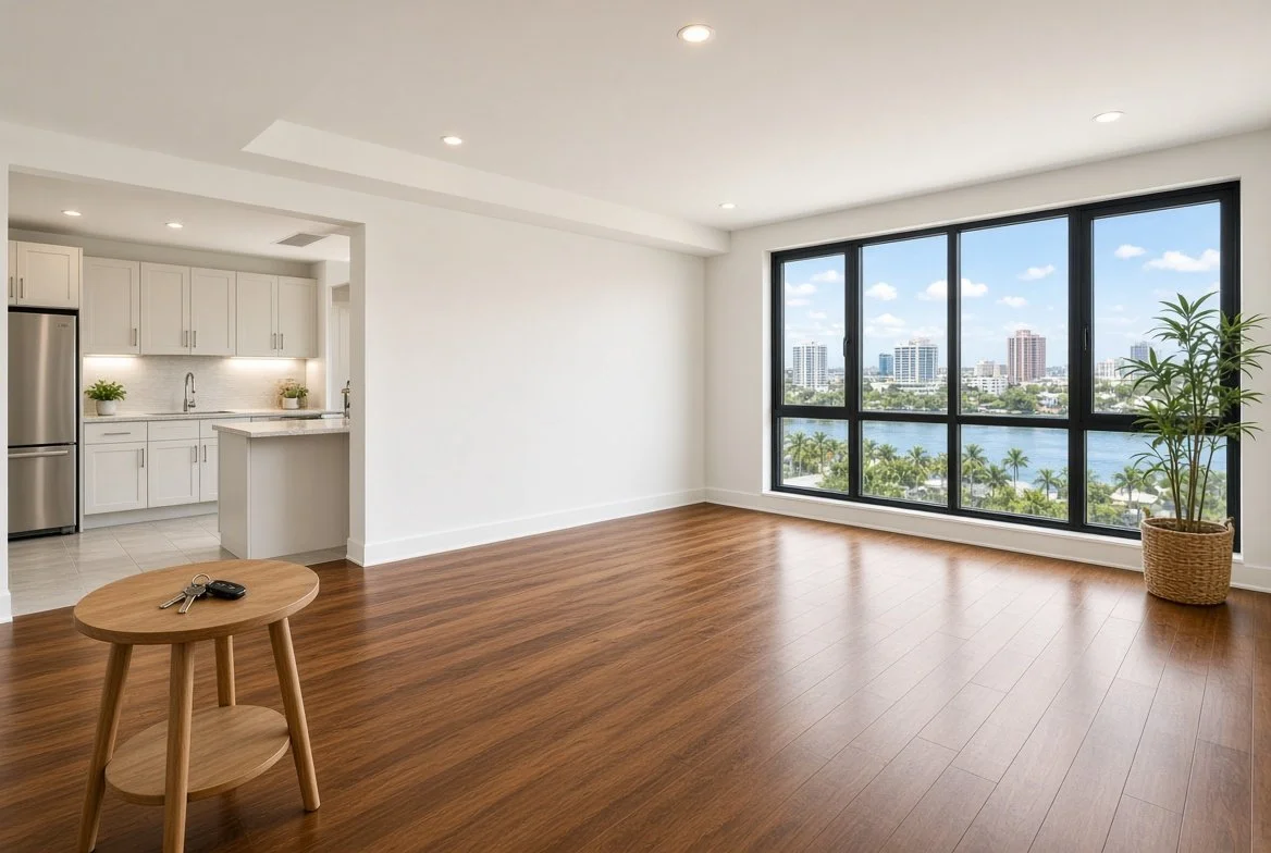 Empty living room with large window showing cityscape and water, hardwood floors, and a small wooden side table with keys.