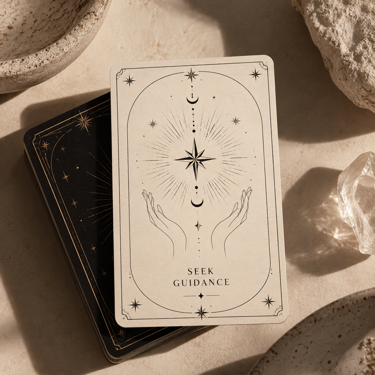 A tarot card with a celestial design, featuring a central star, crescent moons, and guided hands, with the words 'Seek Guidance' at the bottom. The card has a cream background with black line art and gold accents.