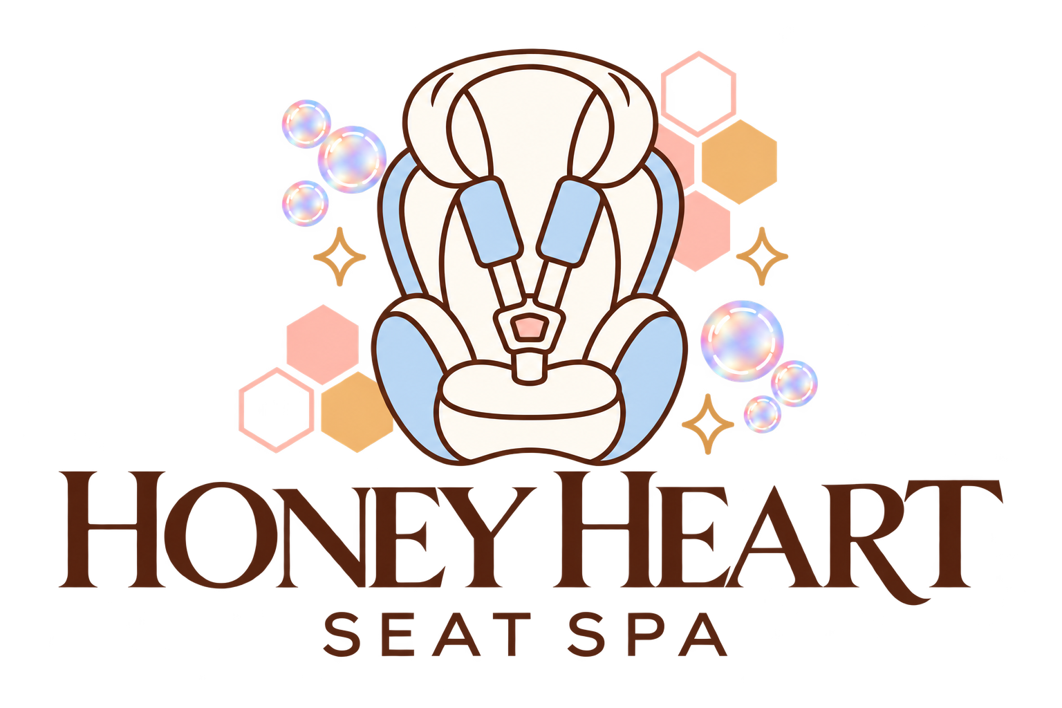 Honey Heart Seat Spa logo: a sparkling clean car seat with honeycomb and bubbles