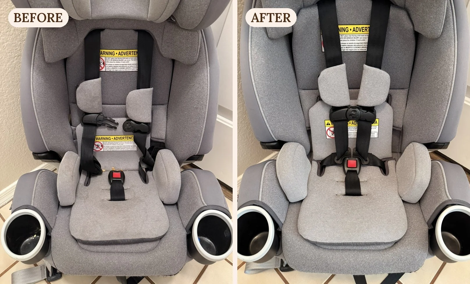 Close-up of a child's car seat before and after professional cleaning by Honey Heart Seat Spa in Gilbert, AZ
