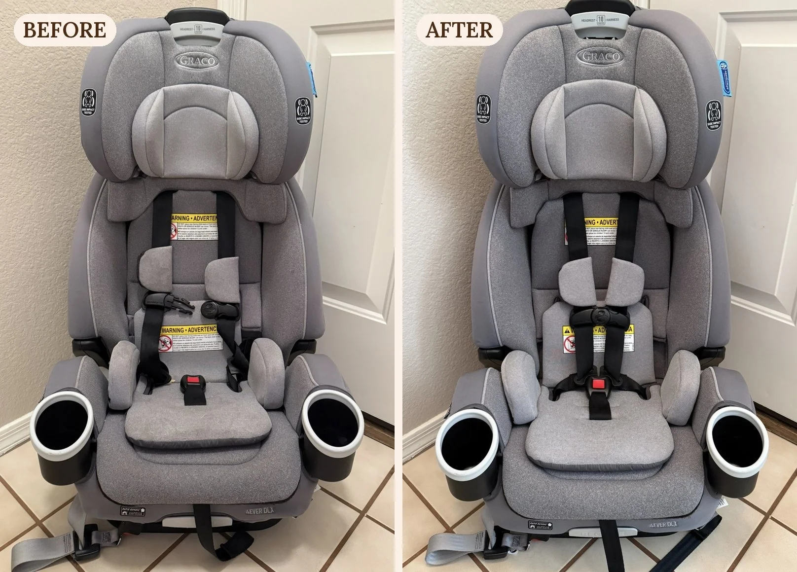 Full view of a convertible car seat before and after professional cleaning by Honey Heart Seat Spa in Gilbert, AZ