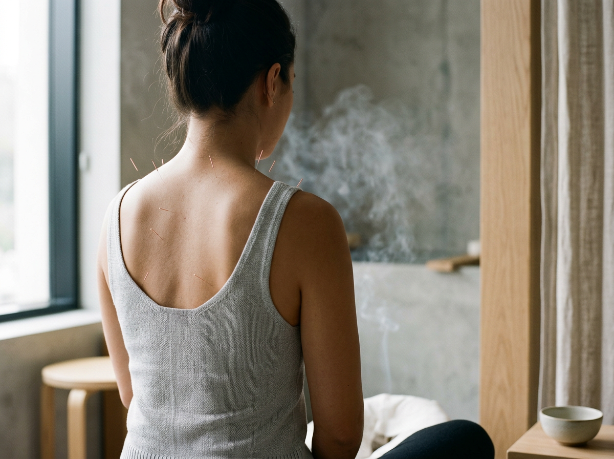 A woman with a bun hairstyle and a gray sleeveless top is in a room, seen from behind, with acupuncture needles inserted along her back.
