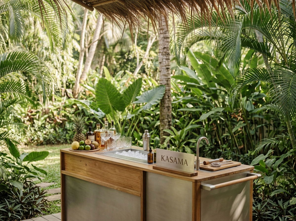 A tropical outdoor bar setup with a wooden bar counter surrounded by lush green plants, including large leaves and palm fronds. The counter has various bottles, glasses, a pineapple, and fruits, with a sign reading 'KASAMA' on it.