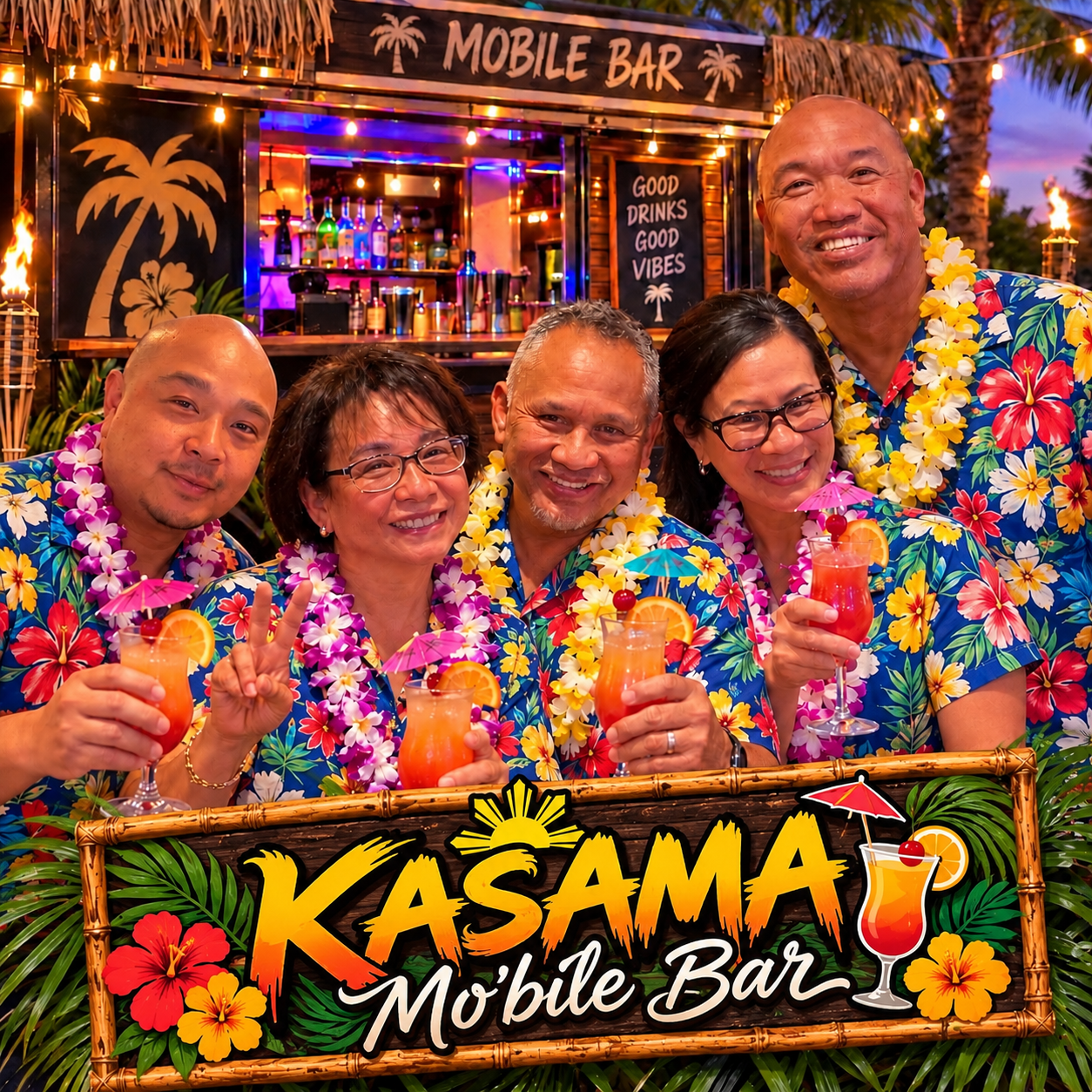 A group of five people wearing colorful Hawaiian shirts and leis enjoying tropical drinks with umbrellas at a tiki bar decorated with tropical theme, palm trees, and string lights in the background.