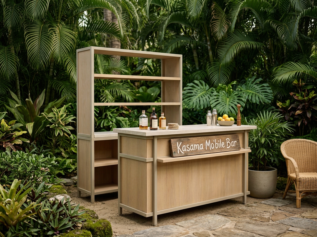A beige wooden mobile bar setup on a stone patio, surrounded by lush green tropical plants. The bar has a sign that reads 'Kasama Mobile Bar' and is topped with bottles, a bowl of fruit, and bartending tools. There is a wicker chair next to the bar.