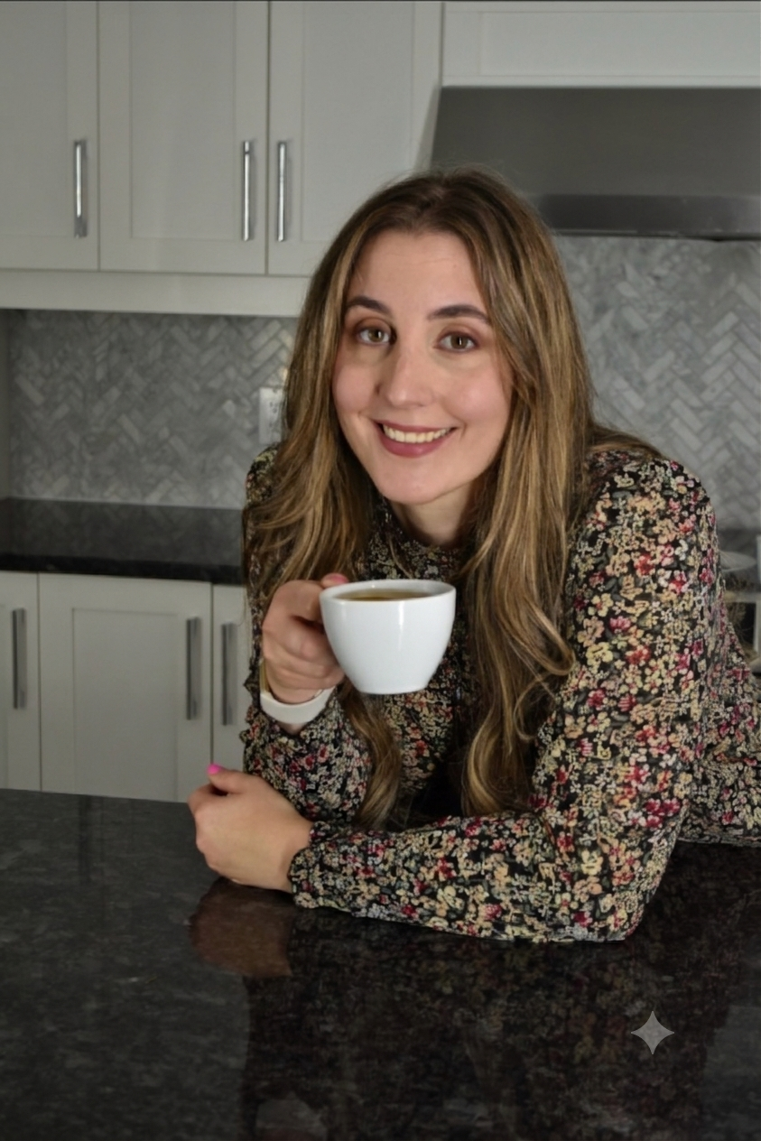 A woman with long brown hair smiling and holding a white mug of coffee in a kitchen with white cabinets and gray backsplash.