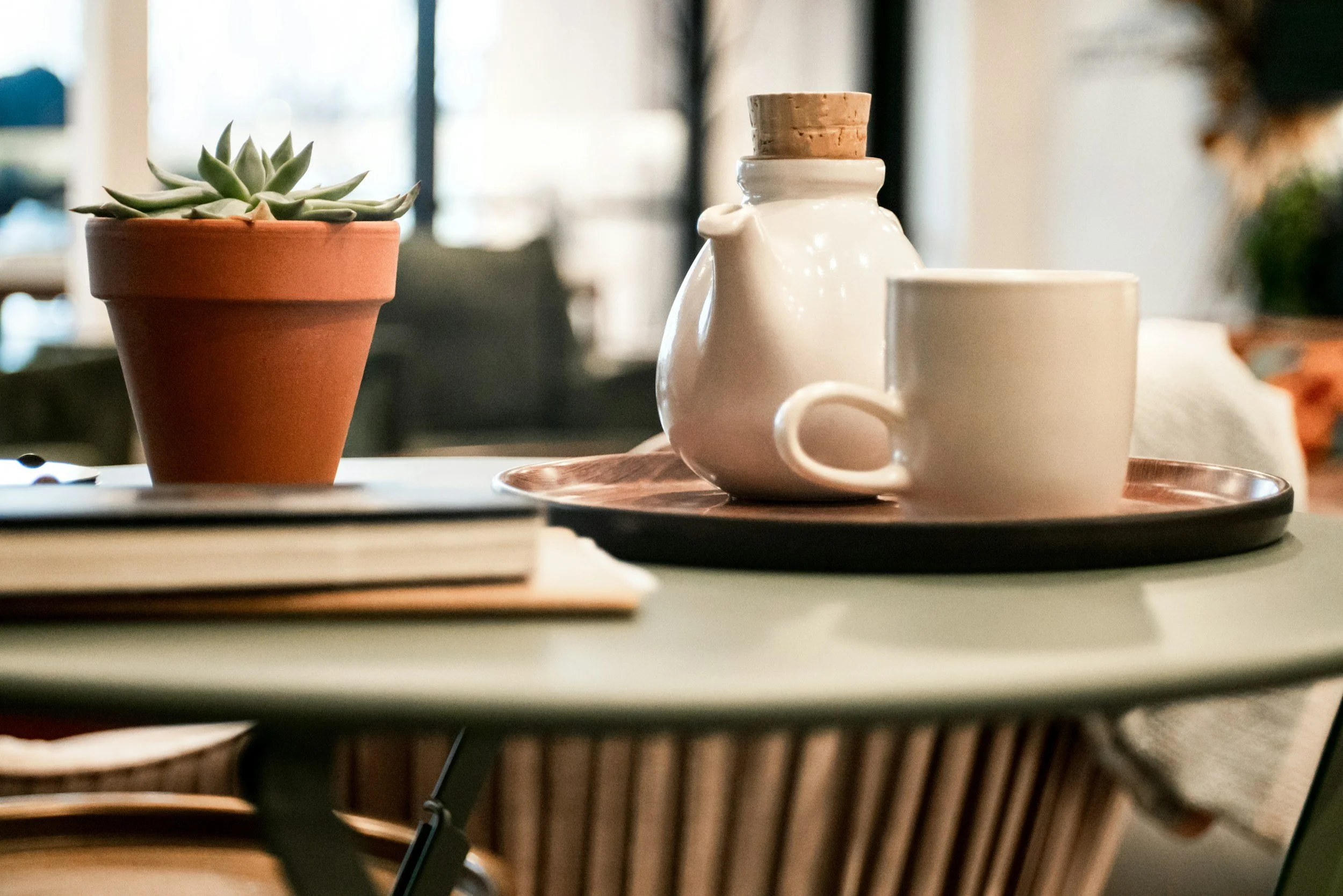 A potted succulent plant, a white ceramic teapot with a cork stopper, and a white mug on a tray on a table near a window with a blurred background.