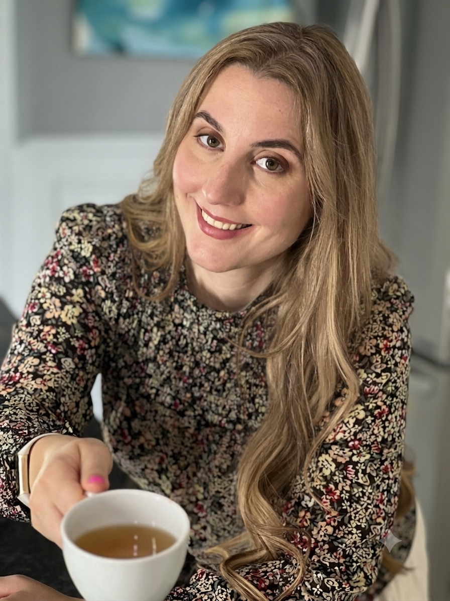 A woman enjoying a warm cup of tea in her kitchen — a candid moment of tea wellness and mindful living. Ideal for tea education, Montreal wellness lifestyle, and The Tea Dietitian brand imagery.