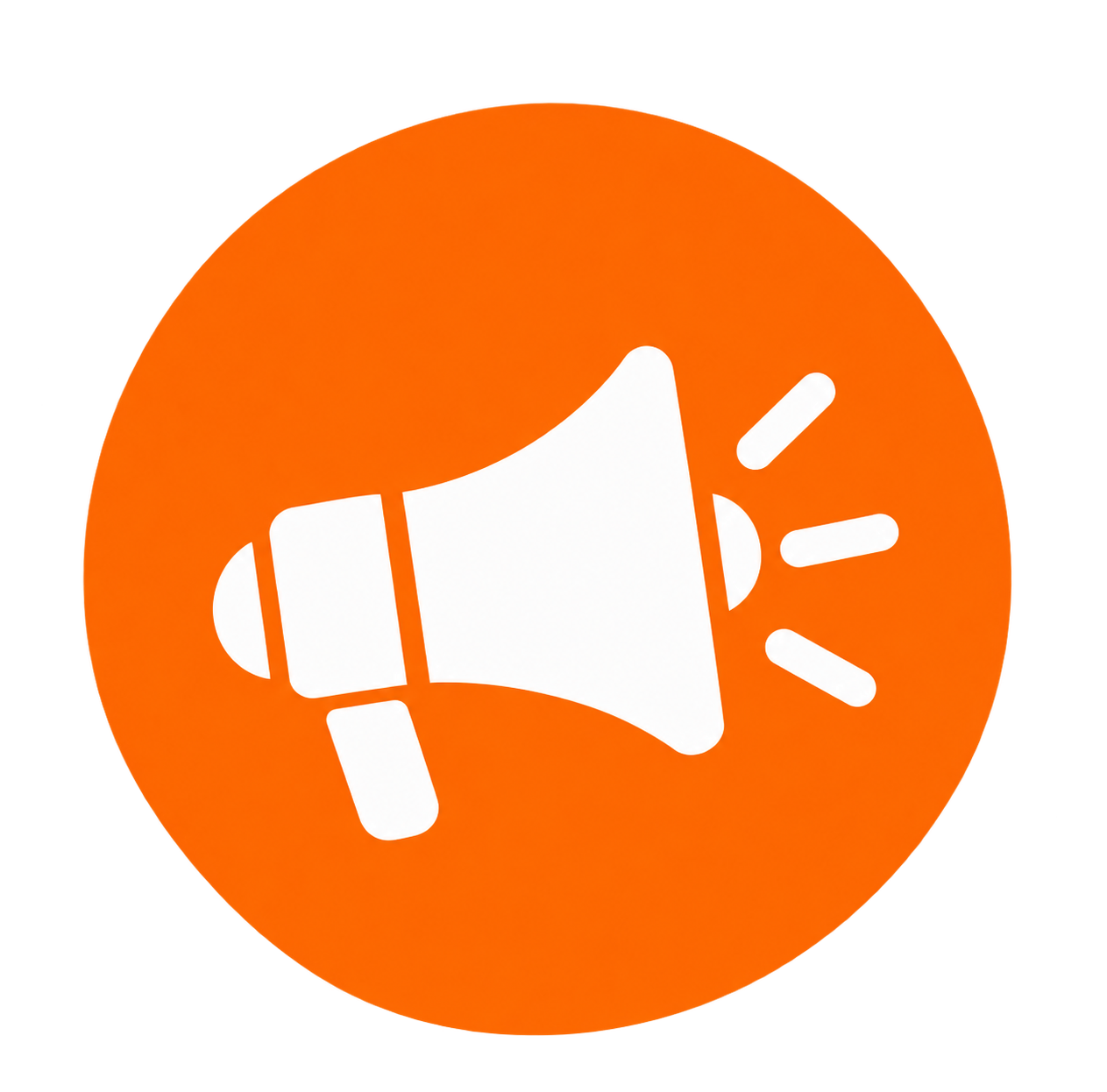 Orange circular icon with a white megaphone symbol.