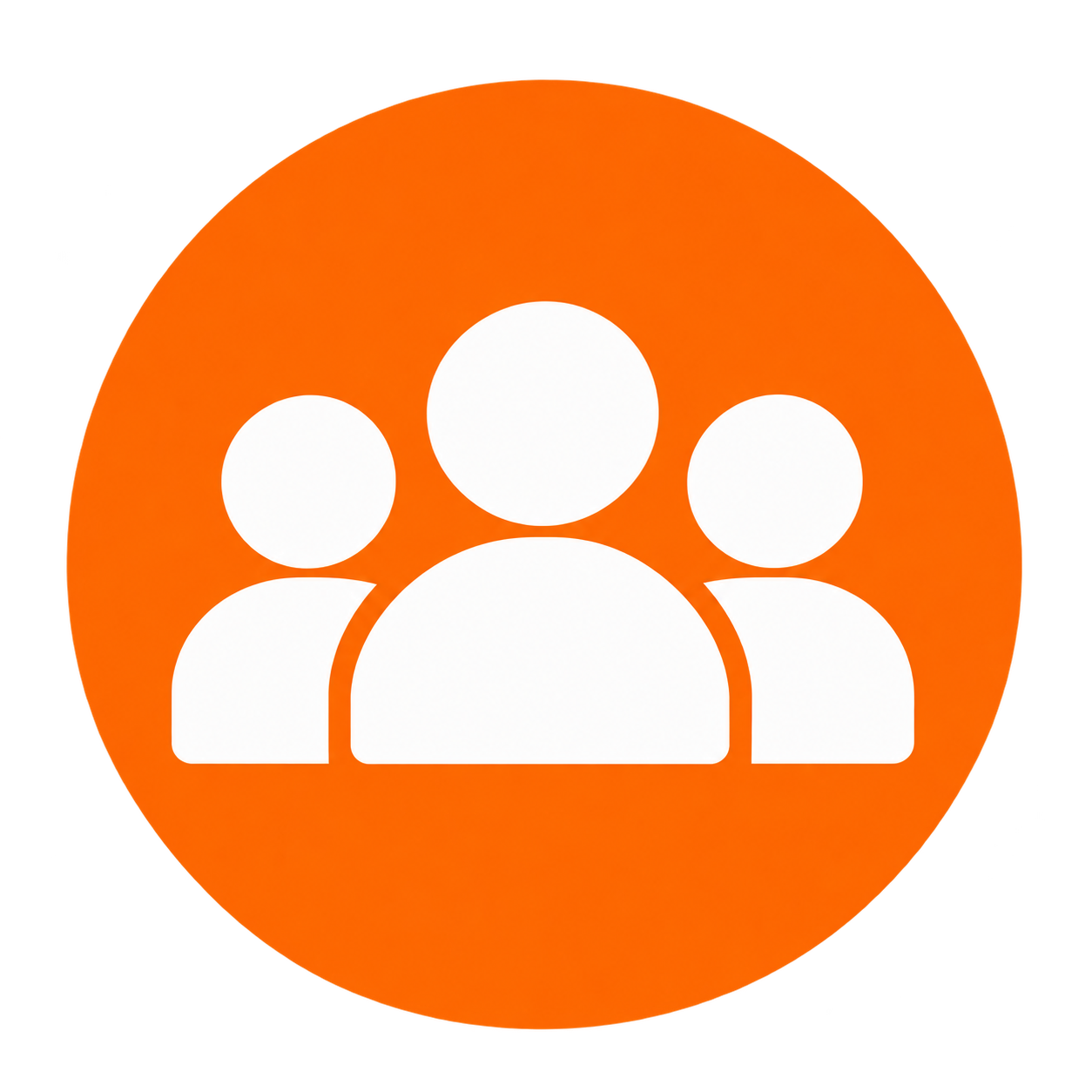 Icon of three white human figures inside an orange circle, representing a group or community.