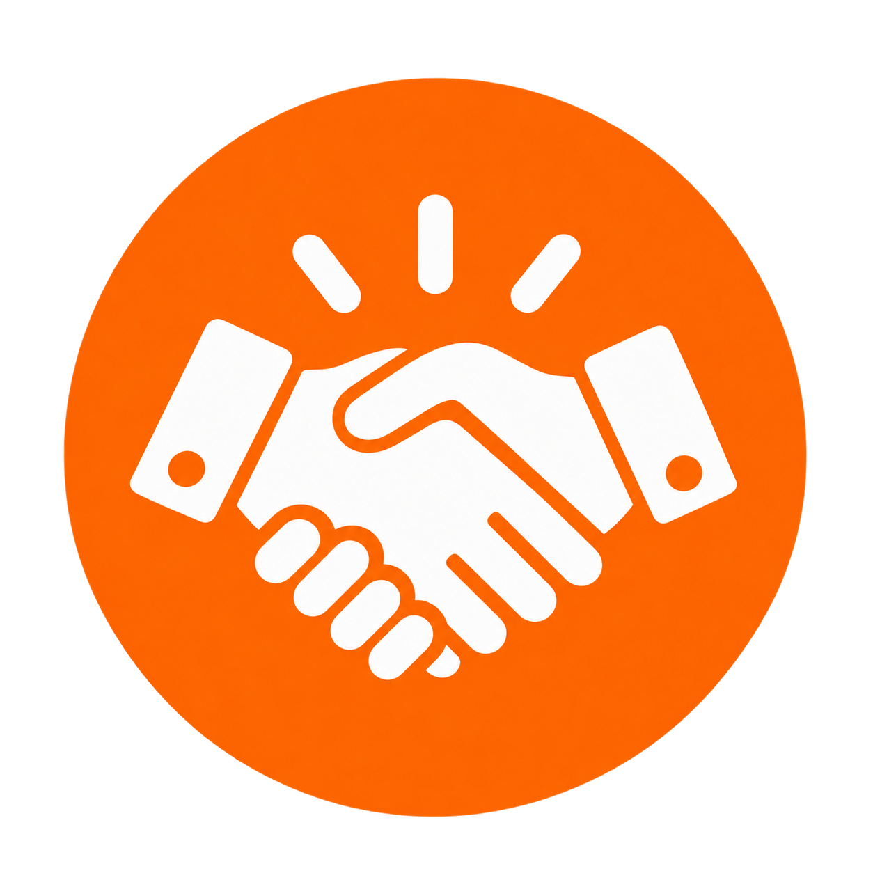 Icon of two hands shaking, symbolizing agreement or partnership, inside an orange circle with radiating lines.