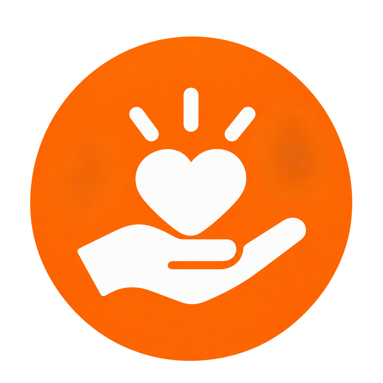White hand holding a heart with radiant lines above it, set against an orange circular background.