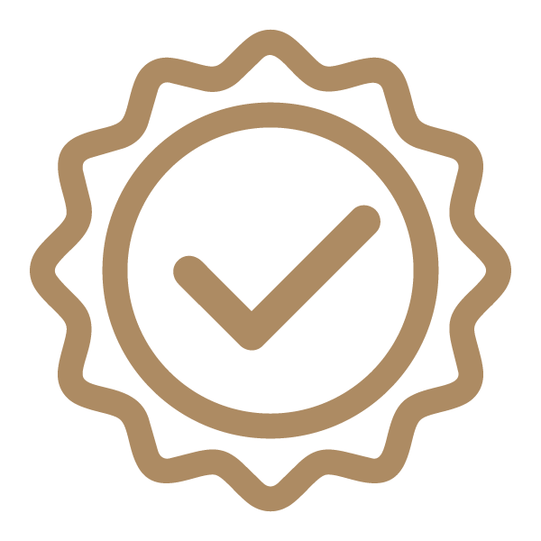 A stylized badge or seal featuring a checkmark in the center, with a wavy border around it.