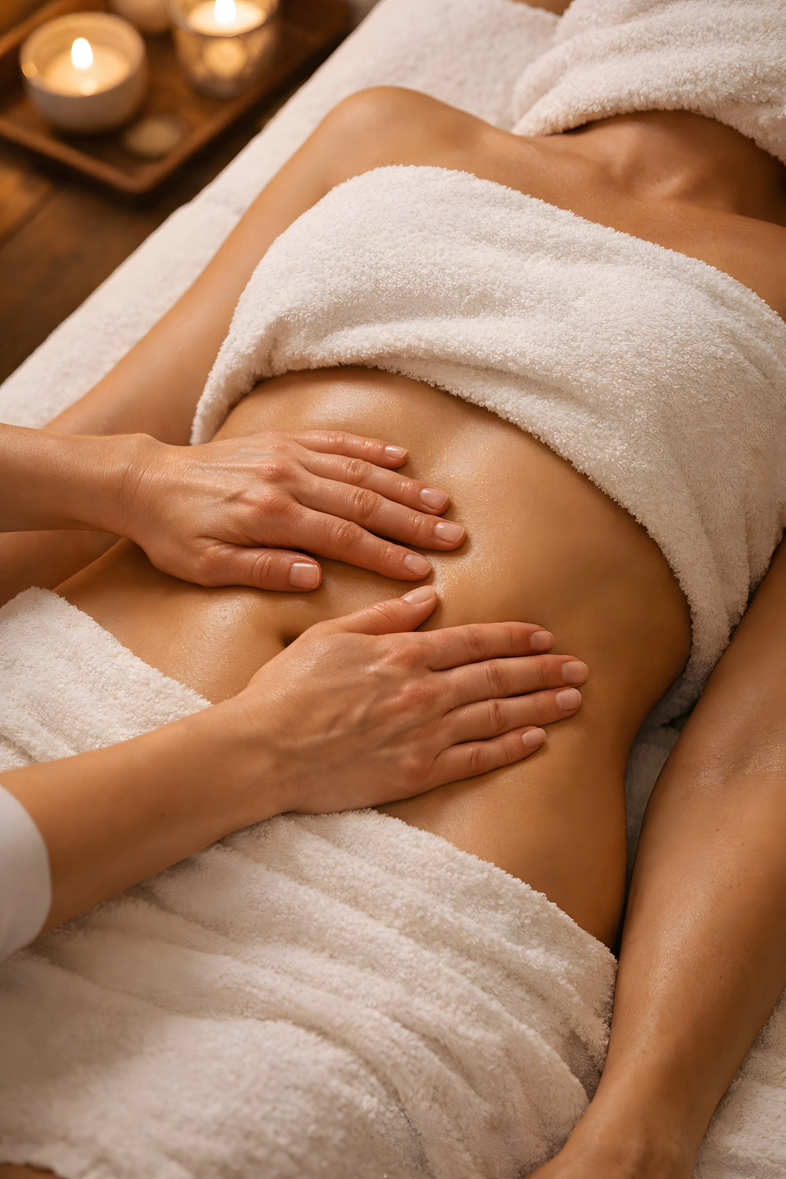 A person receiving manual lymphatic drainage to reduce bloating on their stomach.