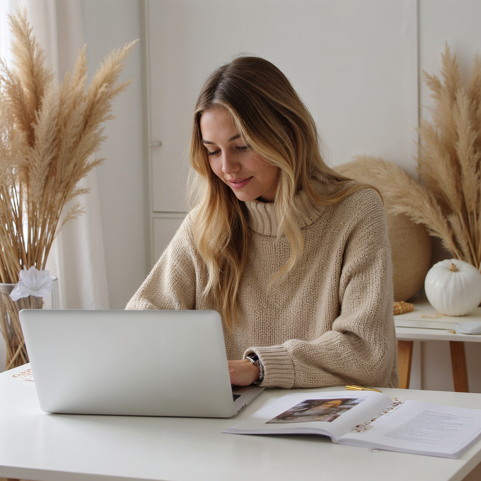 A woman with long blonde hair works on a laptop at a white desk, surrounded by beige and white autumn decorative elements.