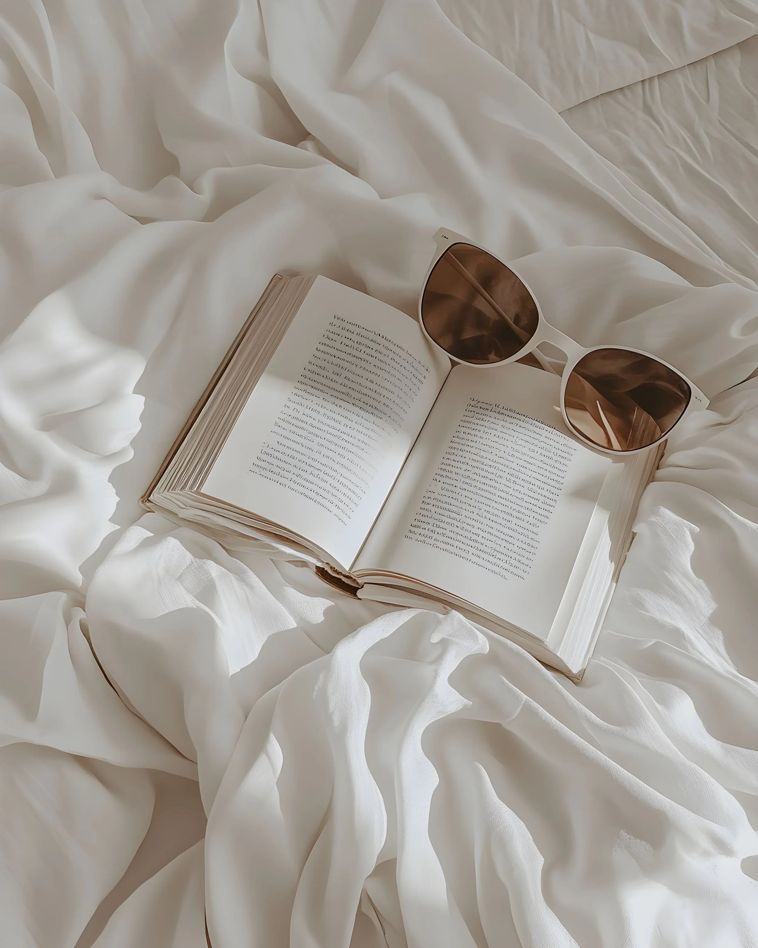A pair of white sunglasses resting on an open book, placed on a crinkled white fabric background.
