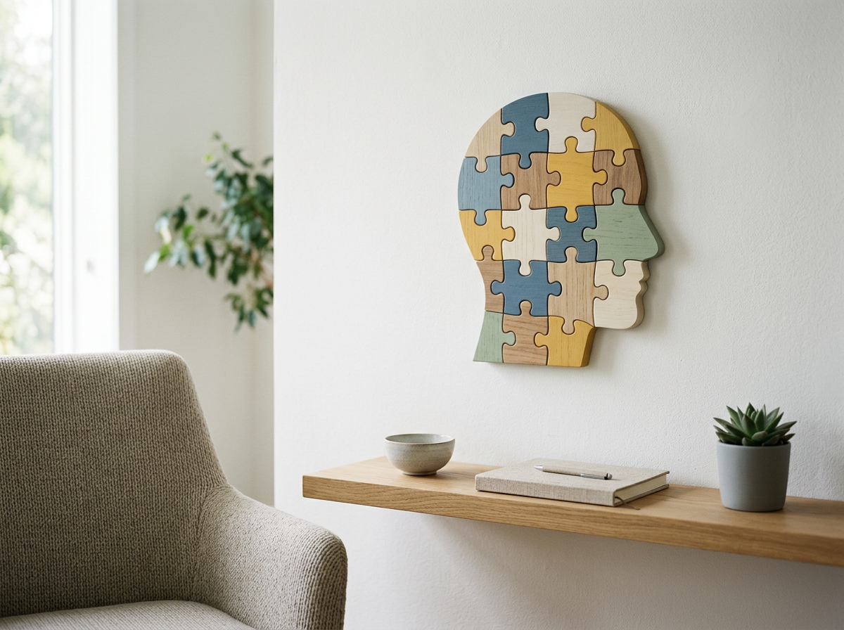 Decorative wall art in the shape of a human head made of colorful puzzle pieces in a minimalist interior.