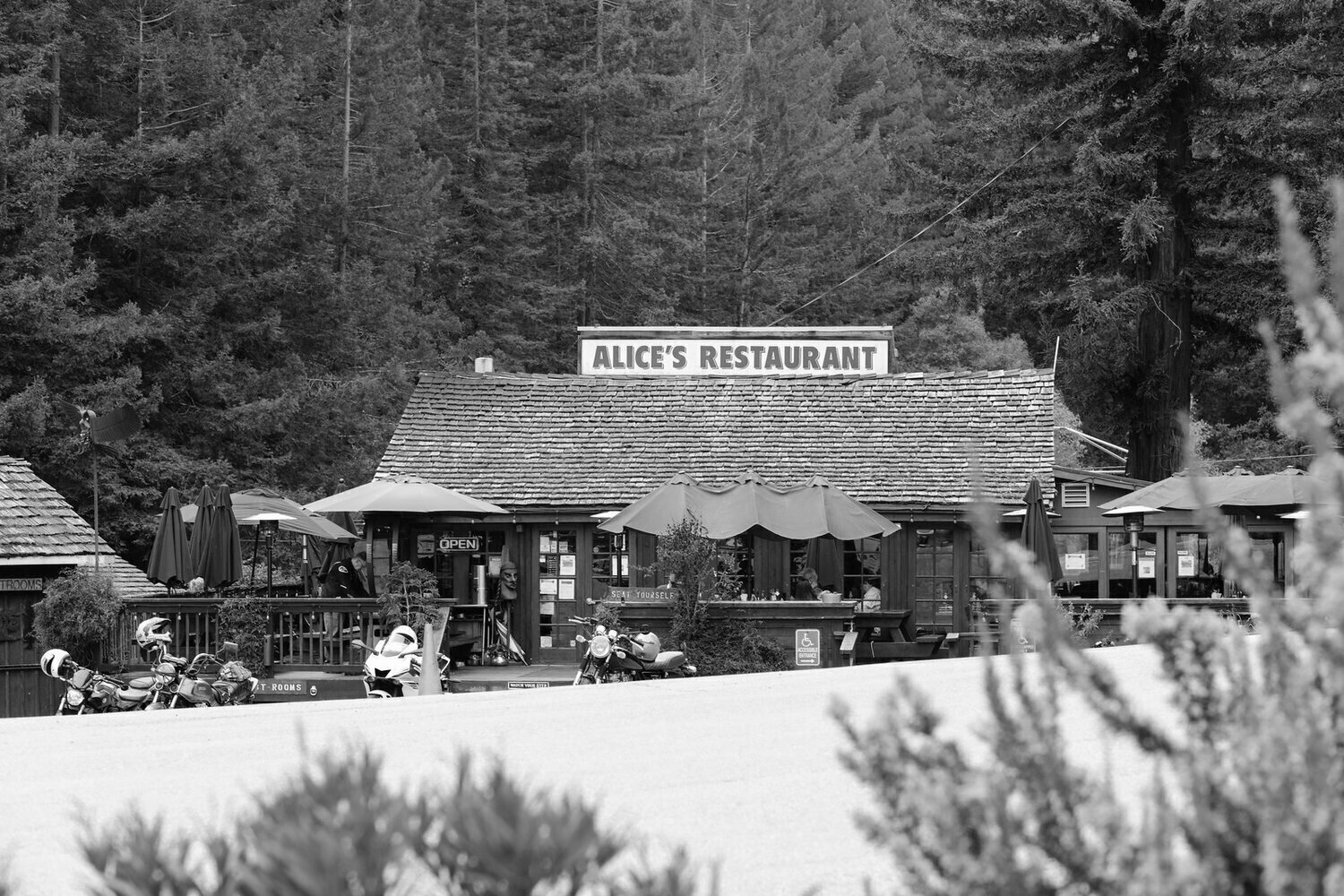 A rustic restaurant called Alice's Restaurant with outdoor seating, umbrellas, and motorcycles parked in front, set against a wooded hillside.