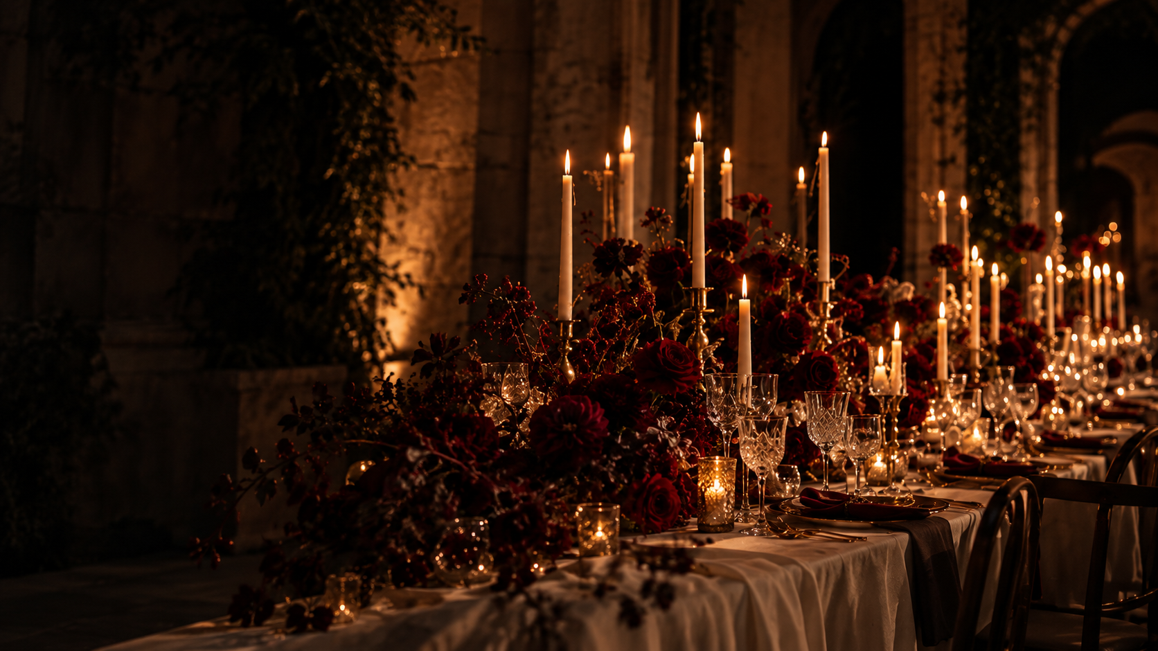 Candlelit wedding design concept with rich burgundy flowers