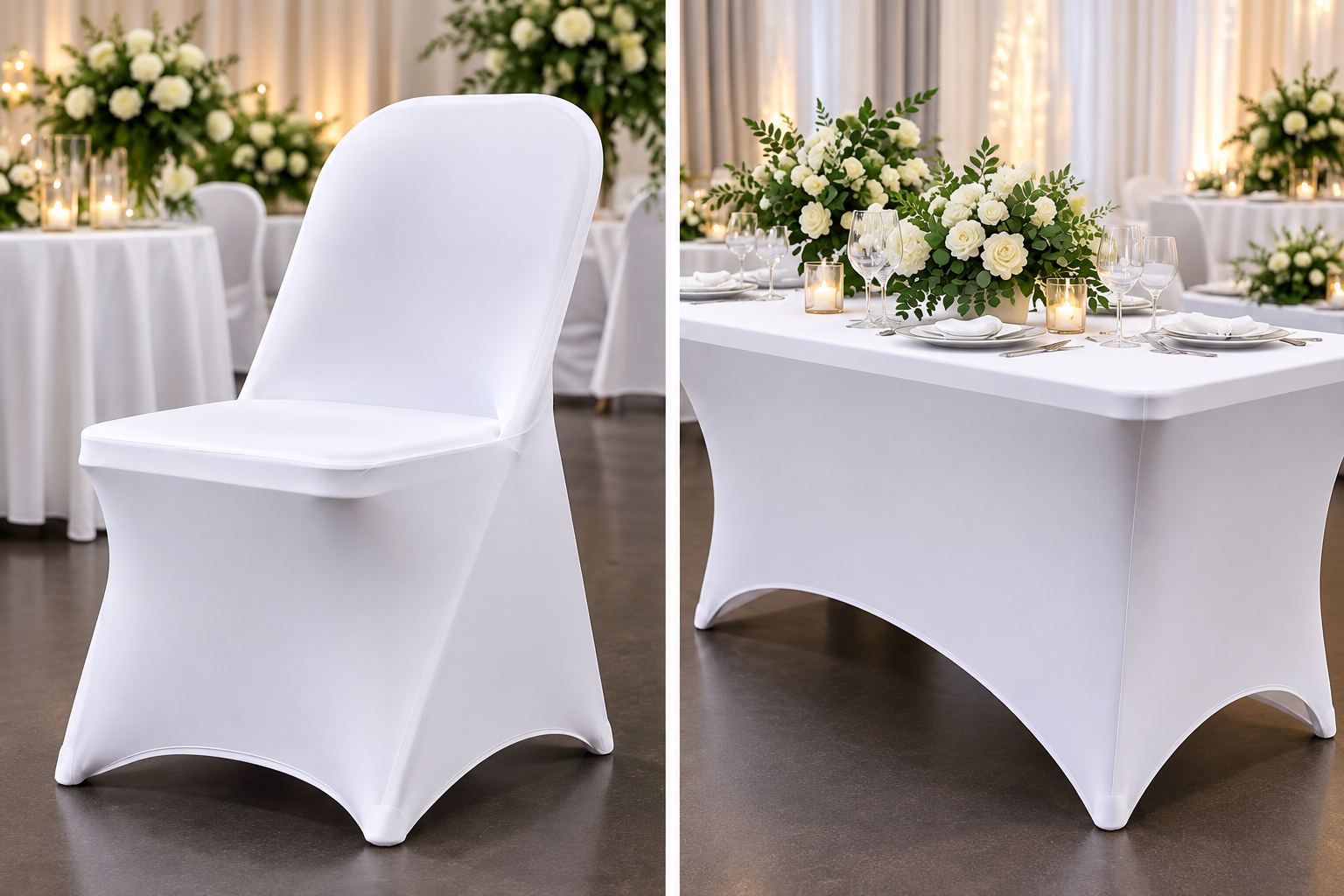 The image shows a white chair with a fitted cover on the left and a decorated dining table with a centerpiece of white flowers and candles on the right, set up for a formal event or wedding reception.