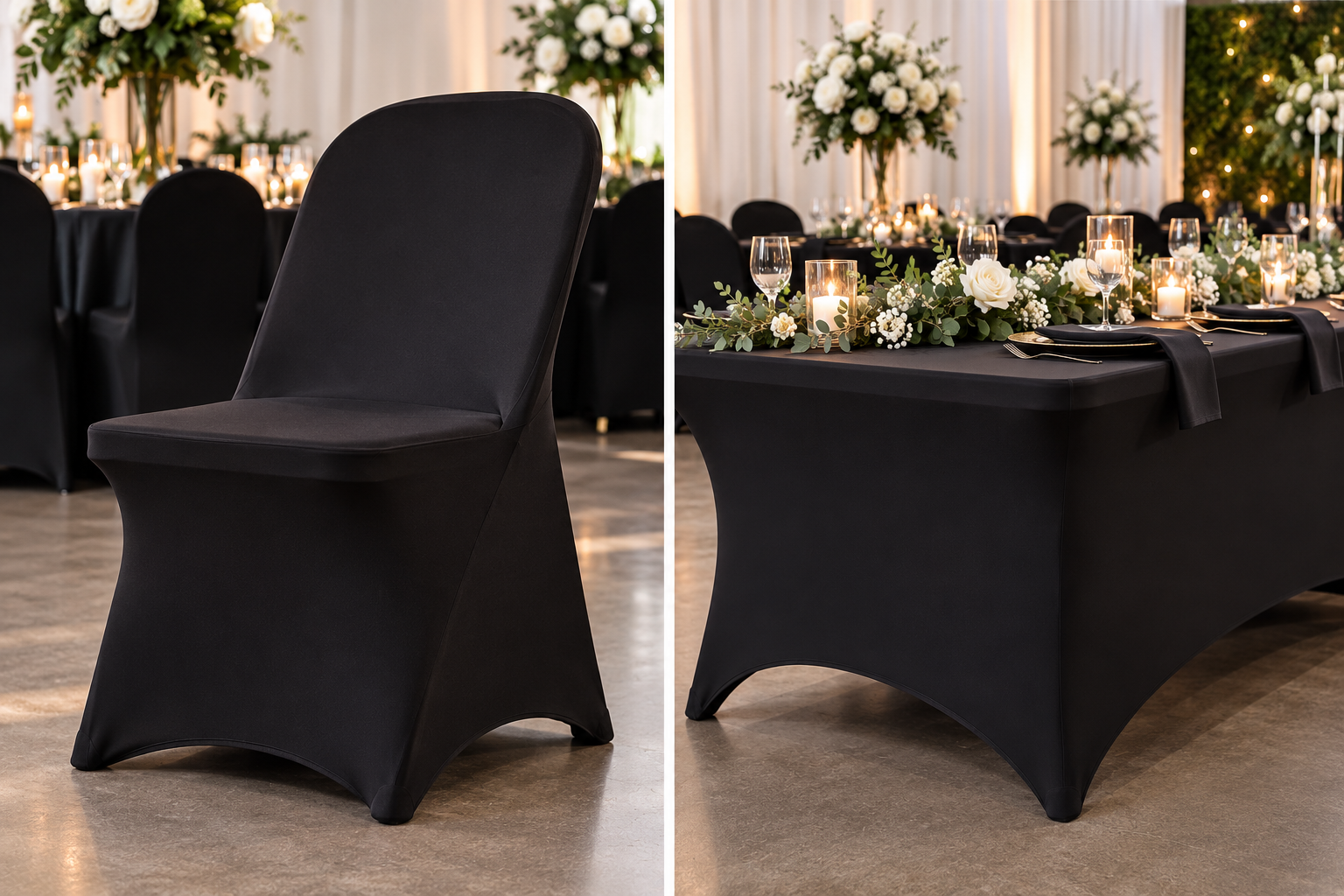 A wedding reception setup with a black chair on the left and an elegant black table with floral and candle decorations on the right, in a decorated indoor venue.