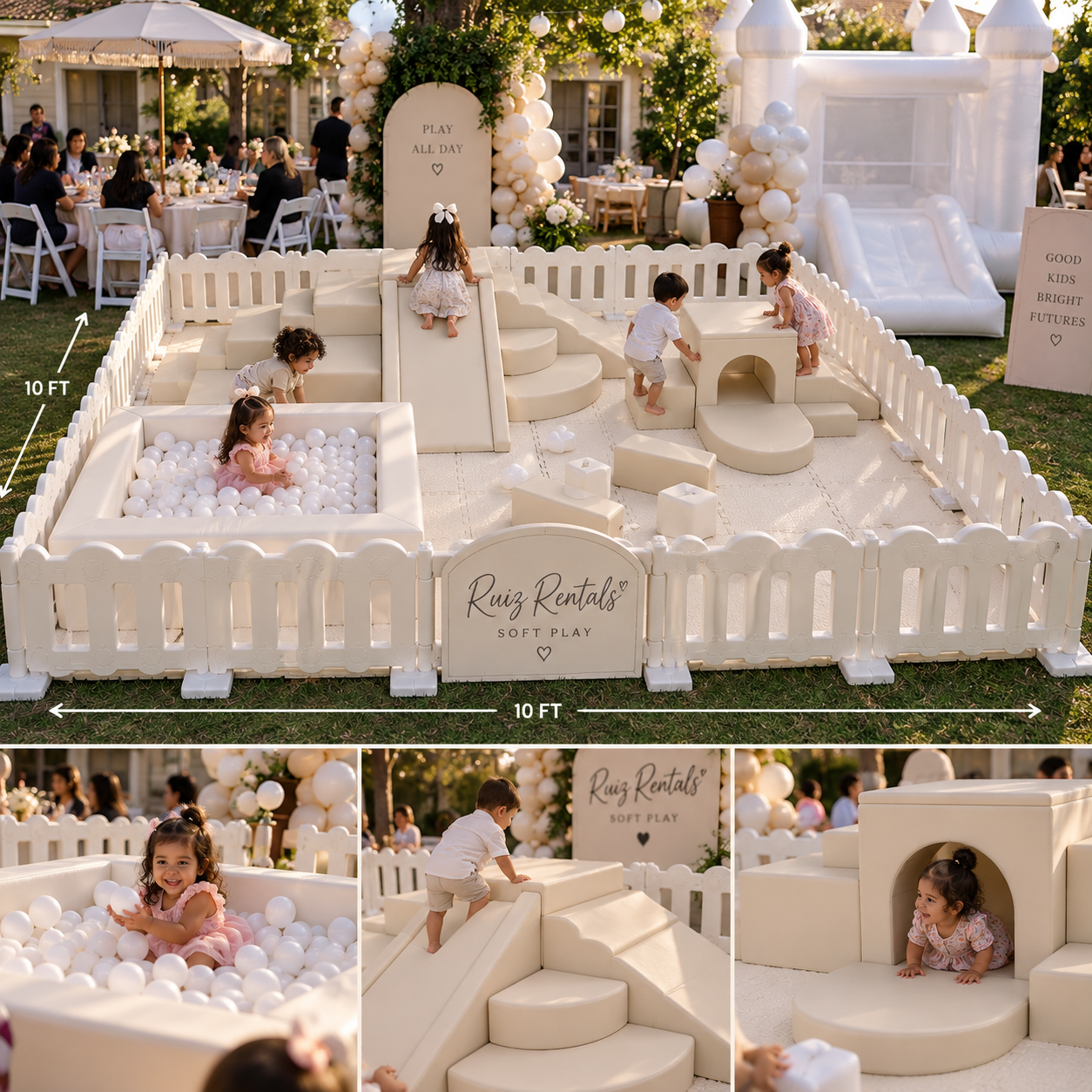 Children playing on a white foam playground with a ball pit, slide, climbing areas, and tunnel, surrounded by a white picket fence at an outdoor event during the daytime.