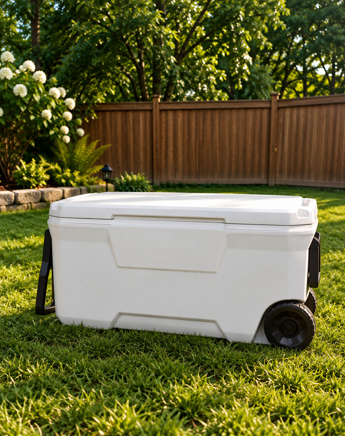 A white portable cooler on grass in a backyard with a wooden fence, green trees, and bushes with white flowers in the background.