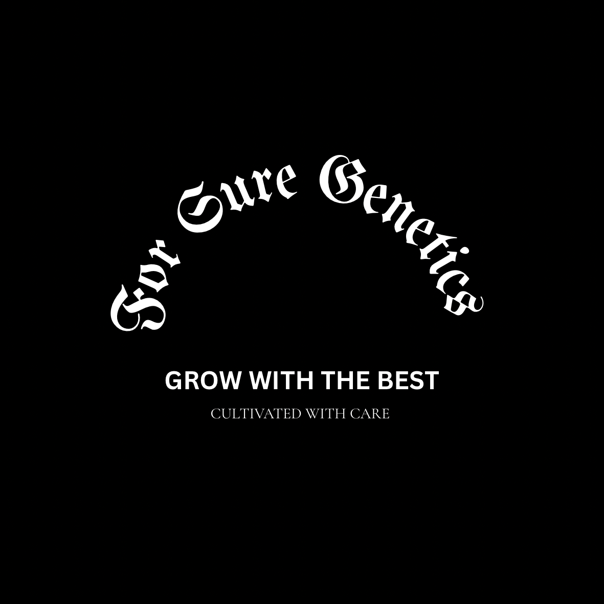 Black background with white text displaying 'Sure Genetics' at the top in a curved font, and below it 'GROW WITH THE BEST' and 'CULTIVATED WITH CARE' in smaller, straight font.